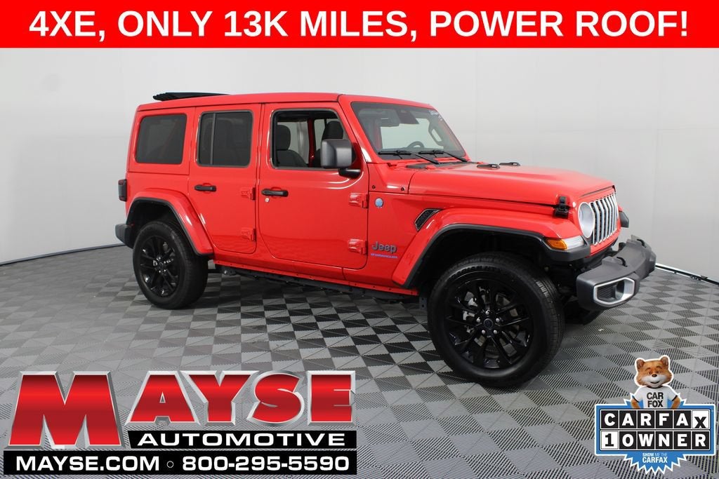 2025 Jeep Wrangler 4xe Sahara in Red/Sahar/4Xe — front three-quarter view